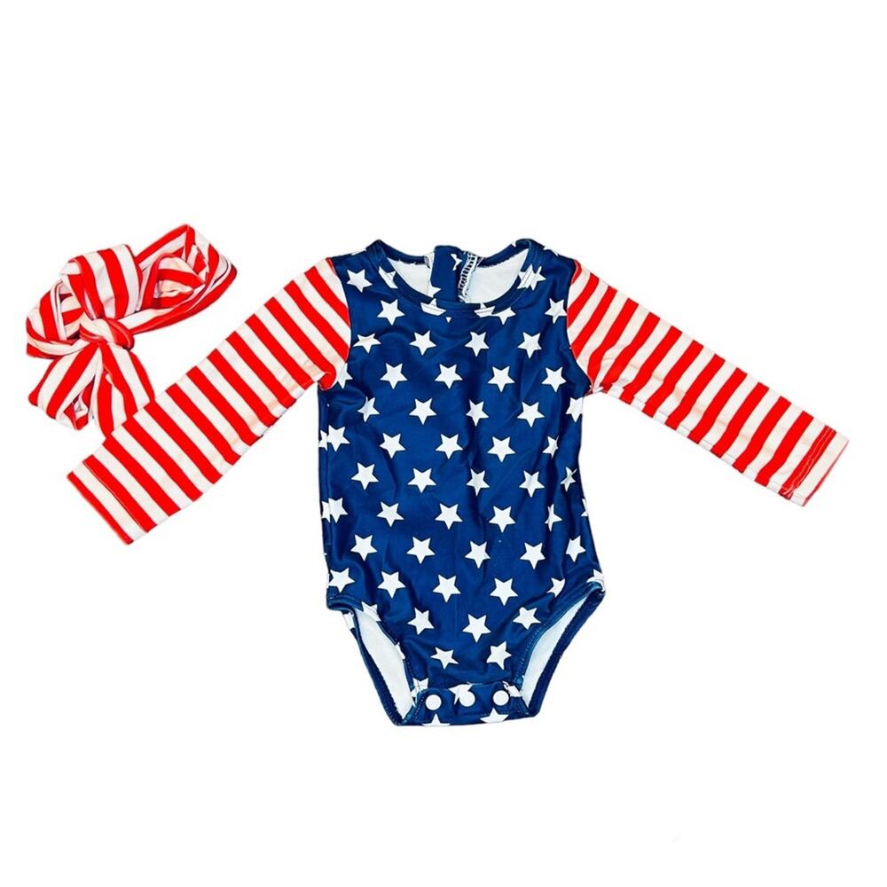Girls Bathing Swim Suit with Bow American Flag Red White Blue Size 6-12 Months
